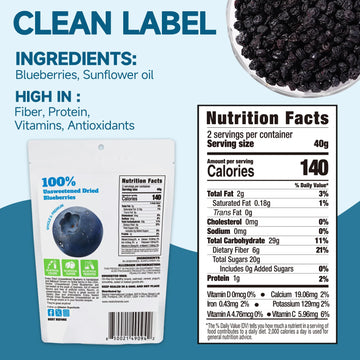 Premium Big Dried Blueberries No Sugar Added 3 Oz, 100% Unsweetened, Us-Grown Blueberry No Preservatives, Non-Gmo Healthy Tasty