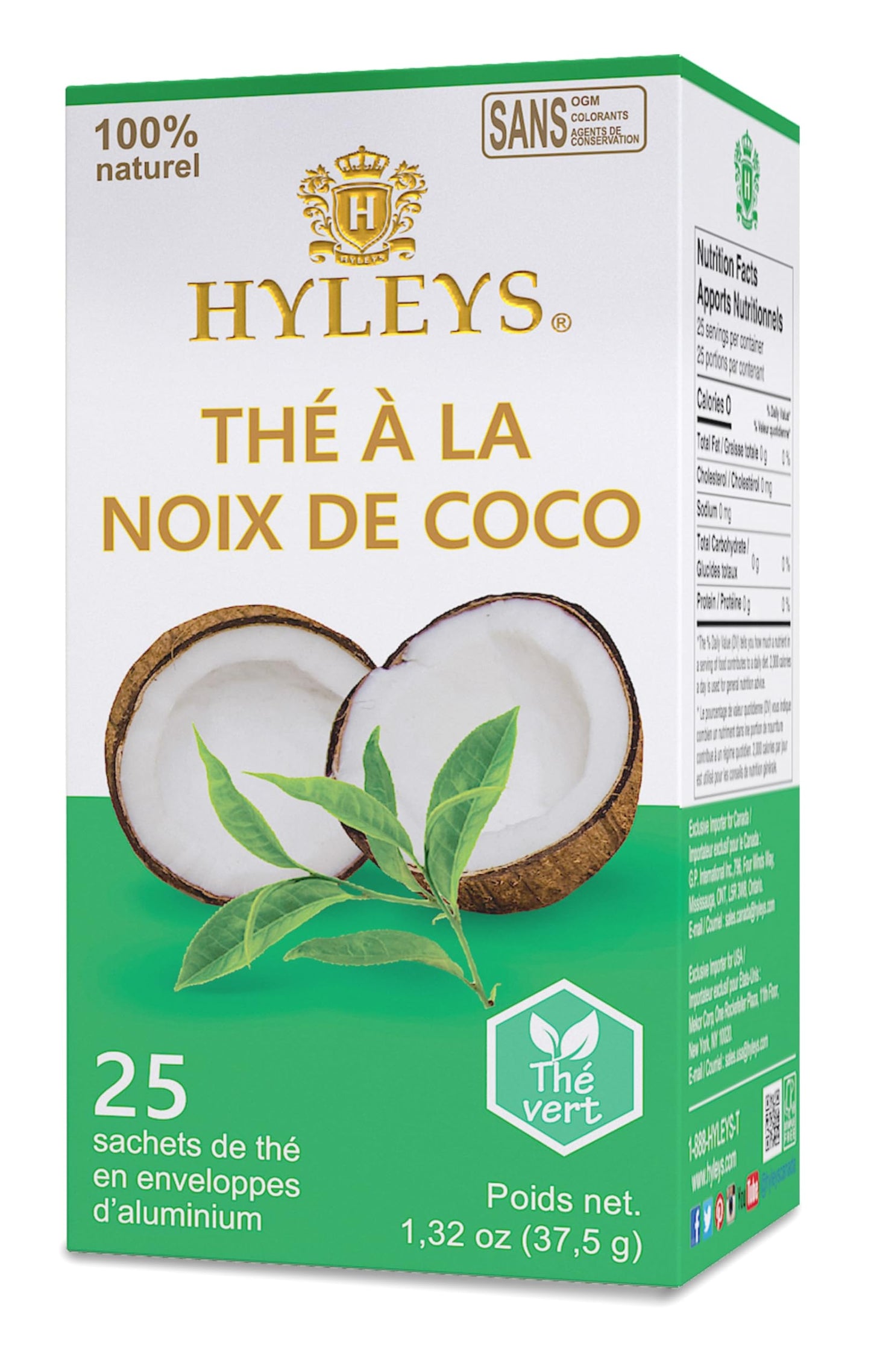 HYLEYS Tea Natural Coconut Green Tea - 25 Tea Bags, GMO Free, Gluten Free, Dairy Free, Sugar Free, 100% Natural