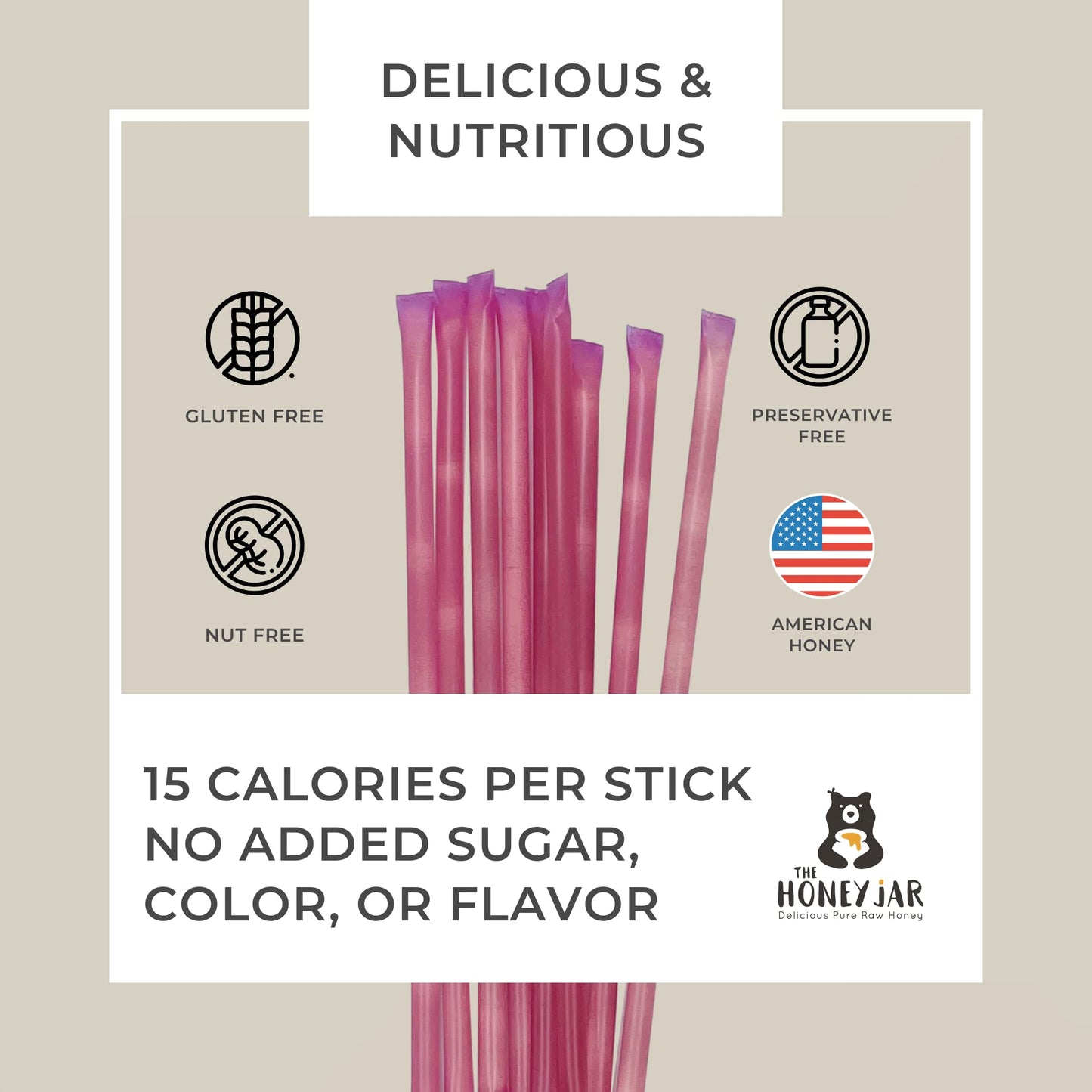 The Honey Jar Raspberry Flavored Honey Sticks - Pure Honey Straws For Tea, Coffee, Or A Healthy Treat - One Teaspoon Of Flavored