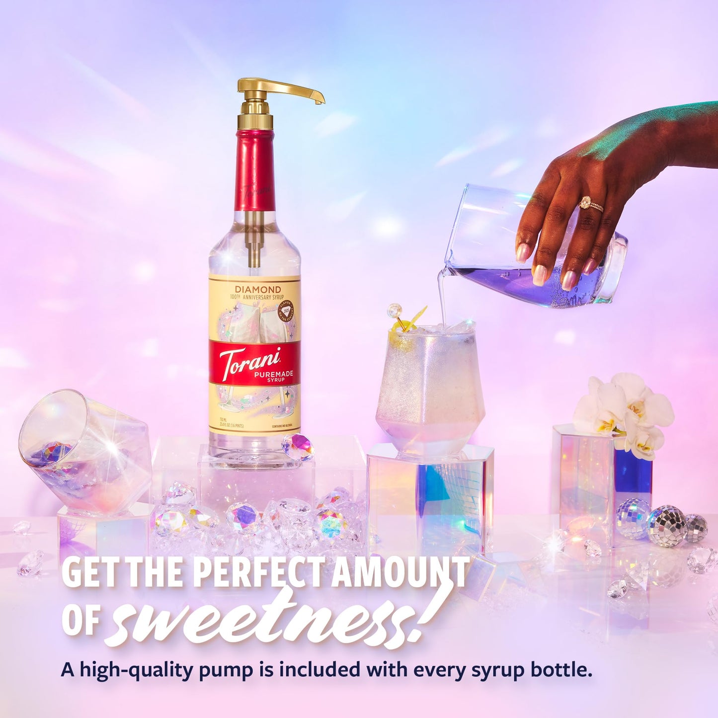 Torani Puremade Diamond Anniversary Syrup For Drinks, Bright & Crisp Bubbly Flavoring With Vanilla Notes, Glass Bottle With Pump