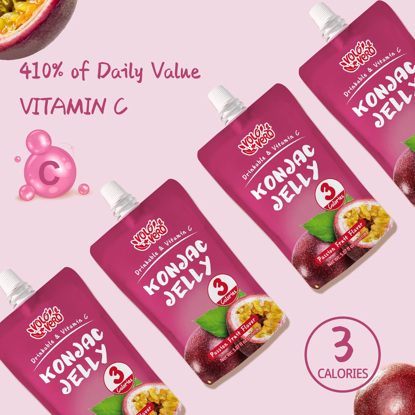 Volo Vero Konjac Jelly Squeeze Pouch Passion Fruit Flavor, Low Calories (3 Kcal), 10 Packs, Gluten Free & Vegan, 0 Sugar, Keto, Low Carb, Drinkable Vitamin C Healthy Snacks, Holiday Gifts