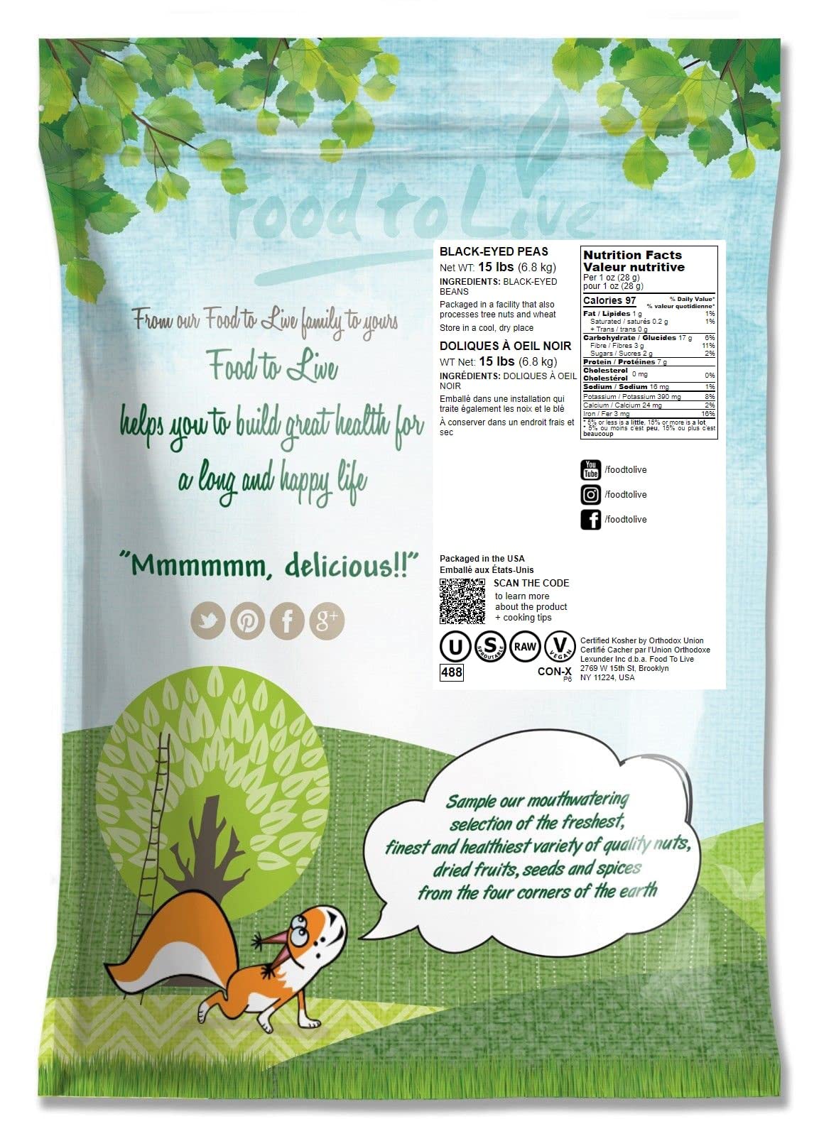 Food To Live Black-Eyed Peas, 15 Pounds - Raw Dried Whole Cow Peas, Kosher, Vegan, Sproutable. High In Dietary Fiber, Easy To Co