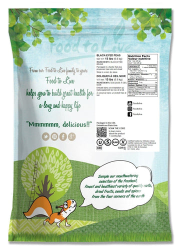 Food To Live Black-Eyed Peas, 15 Pounds - Raw Dried Whole Cow Peas, Kosher, Vegan, Sproutable. High In Dietary Fiber, Easy To Co