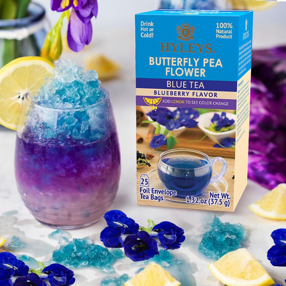 Hyleys Butterfly Pea Flower Tea - Blue Tea With Natural Blueberry Flavor - 25 Tea Bags - Green Tea, Chamomile, Cinnamon, Lemongr