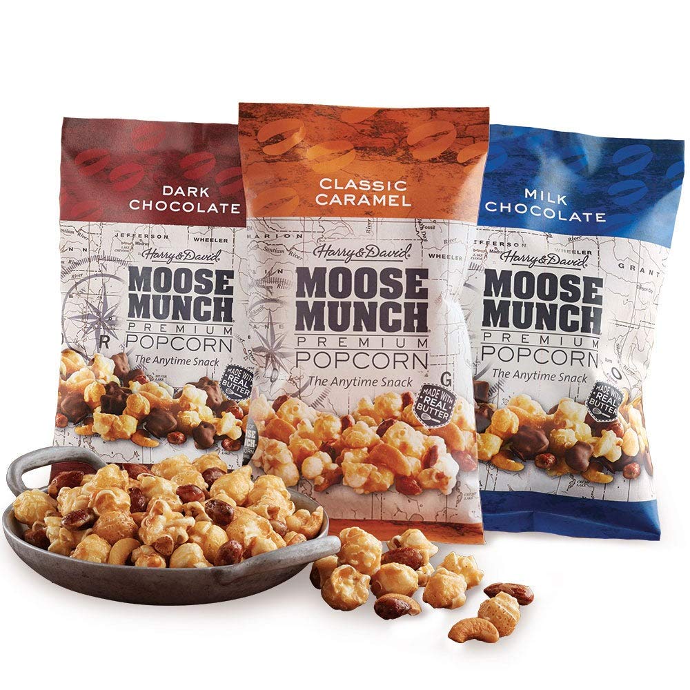 Moose Munch Premium Popcorn Trio By Harry & David, Classic Caramel, Milk And Dark Chocolate (3-Pack), Popcorn Gift Basket, Varie