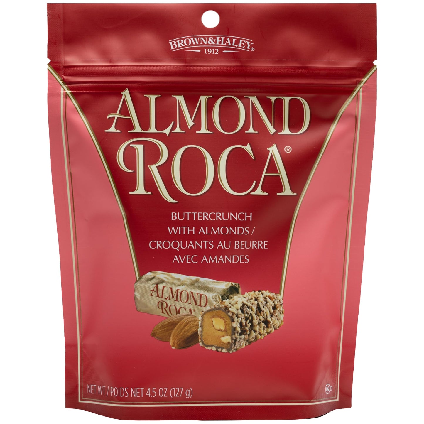 Brown & Haley Almond ROCA Stand-up Pouch, Individually Wrapped Chocolate Candy, Classic Buttercrunch Toffee with Almonds, 4.5 Ou