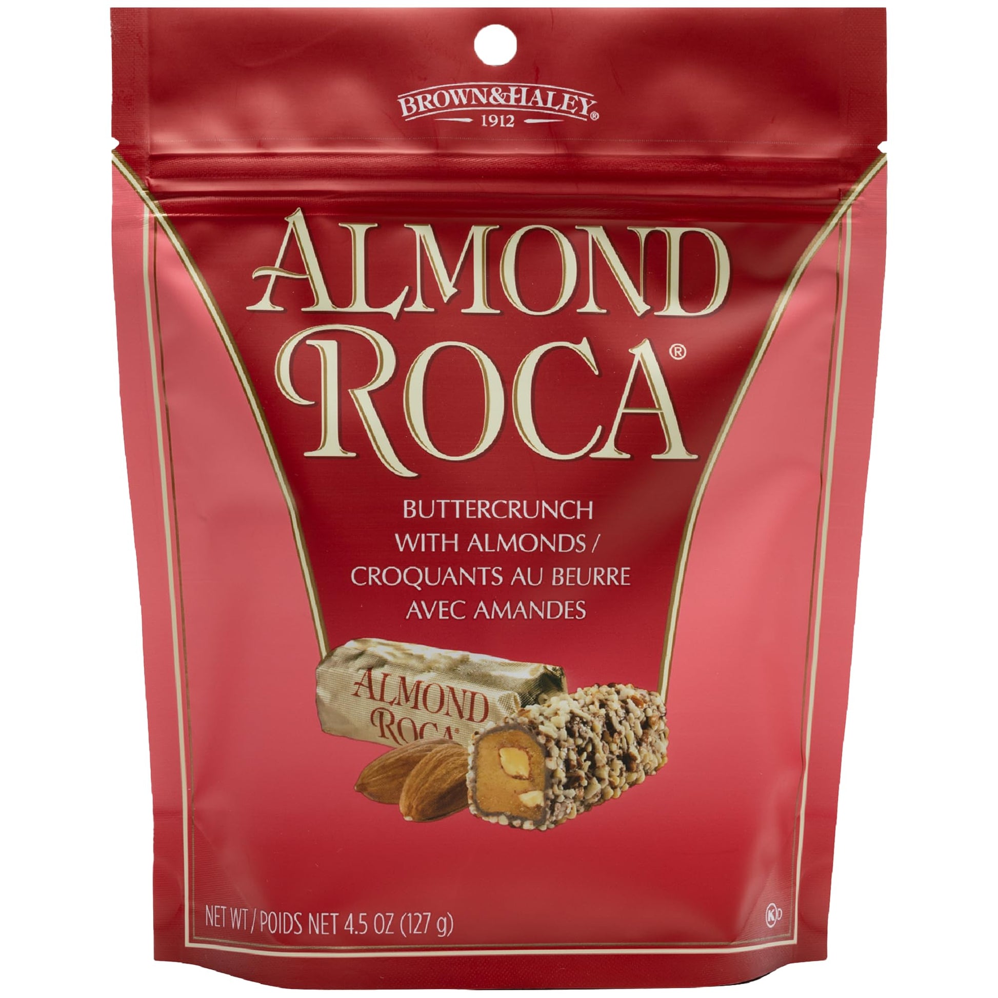 Brown & Haley Almond ROCA Stand-up Pouch, Individually Wrapped Chocolate Candy, Classic Buttercrunch Toffee with Almonds, 4.5 Ou