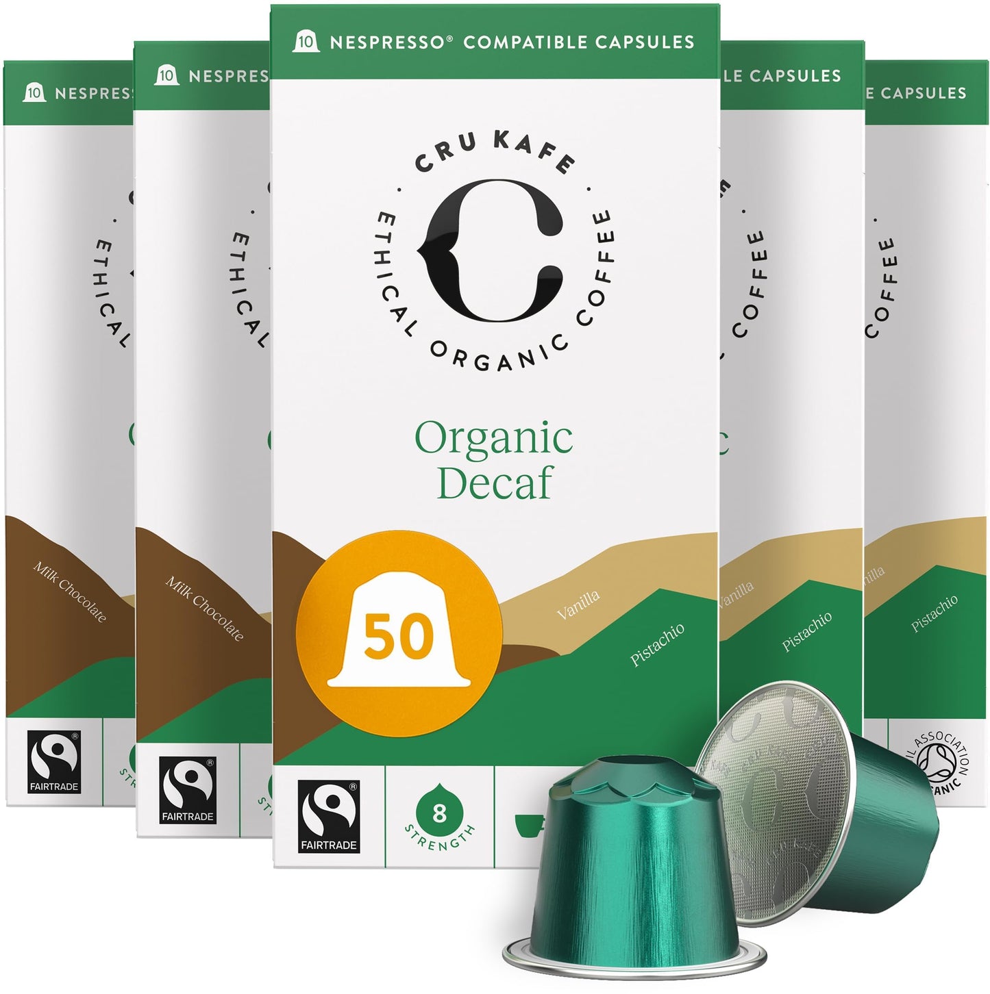 Cru Kafe Decaf Espresso Coffee Capsules, USDA Organic, Fairtrade, 50 Pods, Compatible with Nespresso, Green