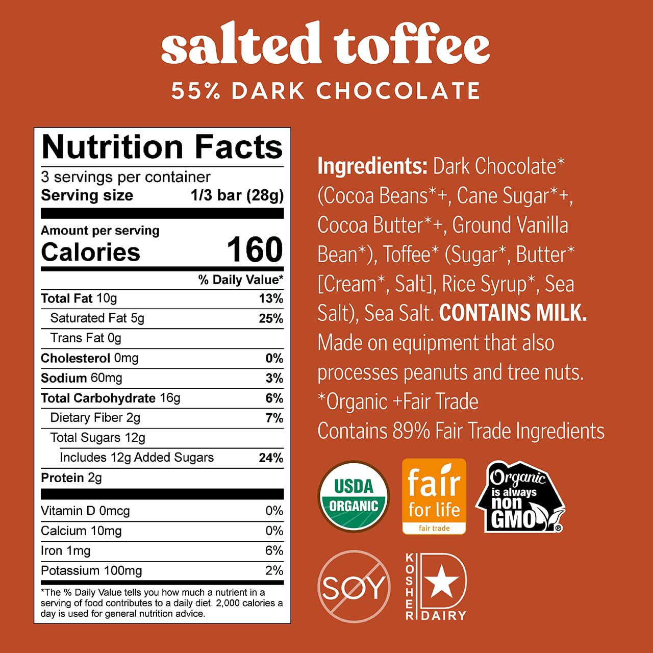 Theo Chocolate Salted Toffee Organic Dark Chocolate Bar, 55% Cacao, 12 Pack | Fair Trade