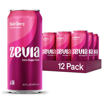 Zevia Zero Sugar Soda, Black Cherry, 16 oz Cans, 12-Pack, Non-GMO, Gluten-Free, Vegan