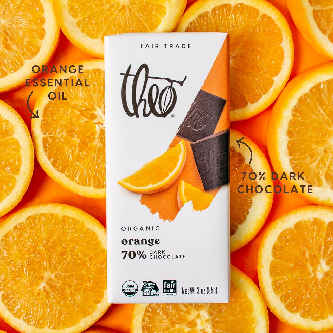 Theo Chocolate Orange Organic Dark Chocolate Bar, 70% Cacao, 12 Pack | Vegan, Fair Trade