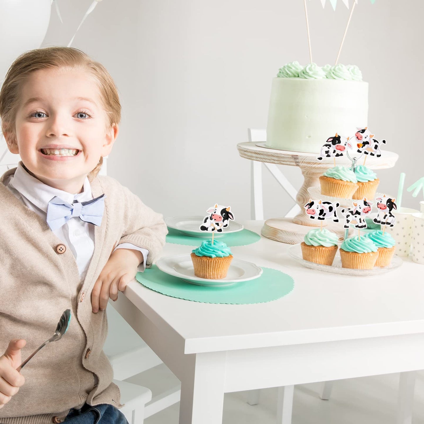 48 Pcs Cow Cupcake Toppers, Moo Cow Cupcake Picks For Farm Animal Theme 1St Birthday Baby Shower Party(B)