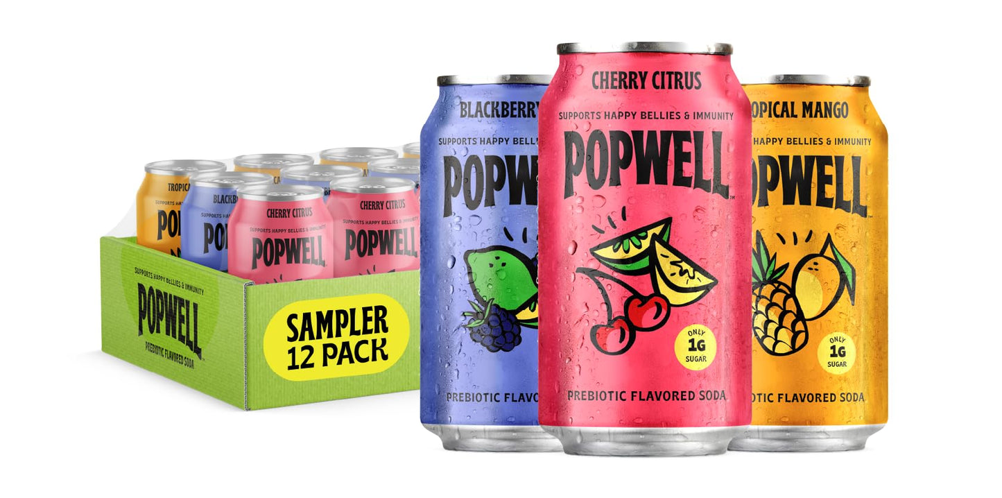 Popwell Variety Pack Better-For-You Prebiotic Soda  with 6g Fiber  1g Sugar  Vitamins and Immunity Support  12 fl oz  12 count (Blackberry Lime  Cherry Citrus  Tropical Mango)