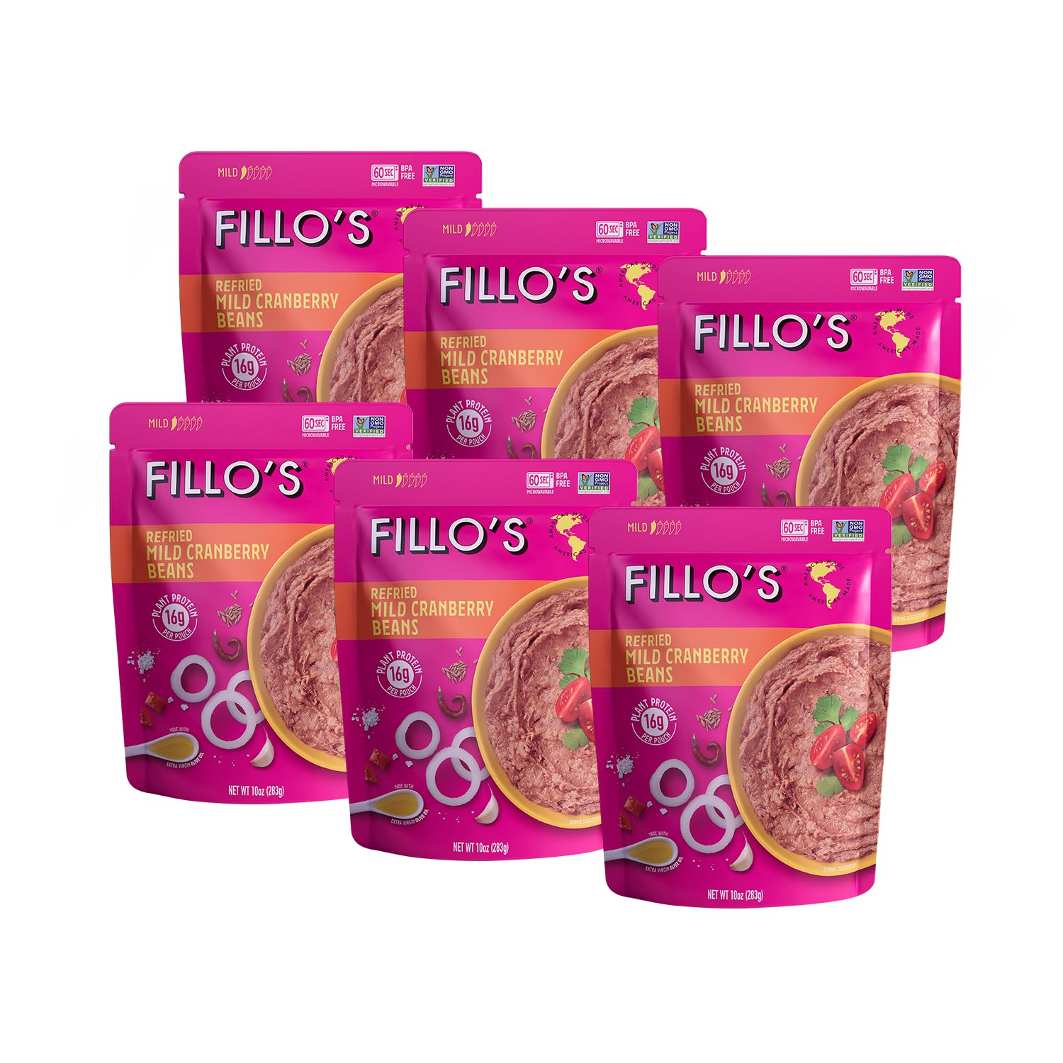 Fillo'S Refried Beans - Made With Roman Borlotti Beans Aka Cranberry Beans, Ready To Eat Beans, 10 Oz Pk Of 6, Gluten-Free, Micr