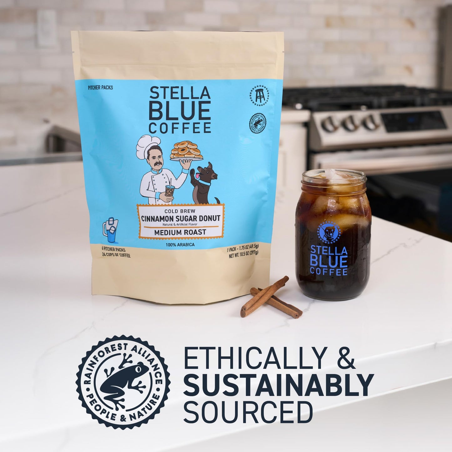 Stella Blue Cold Brew Coffee Bags  Cinnamon Sugar Donut  Medium Roast Ground Coffee  Smooth  Bold and Refreshing 100% Arabica  6 Brew Packets  Makes 24 Cups  Rainforest Alliance Certified