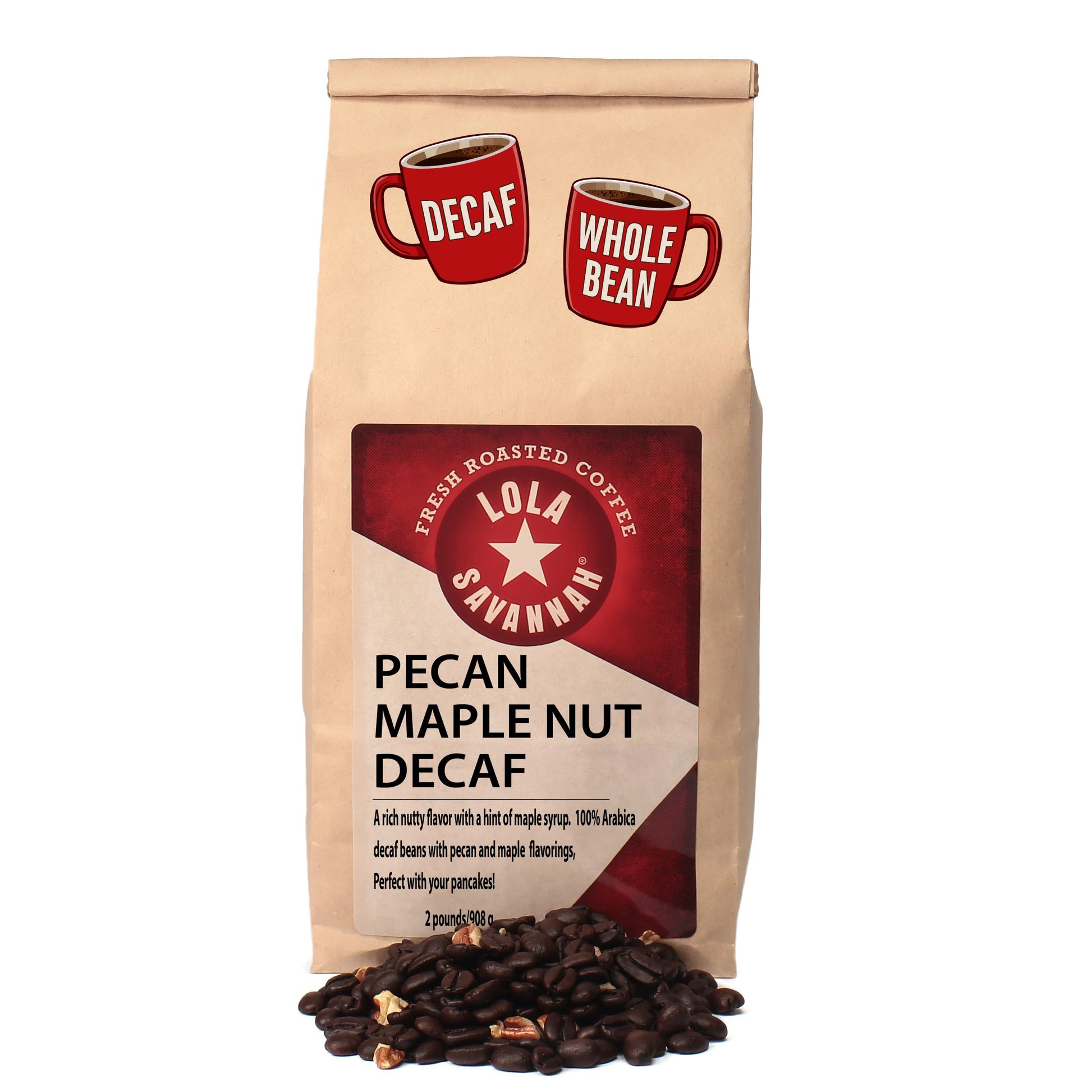 Lola Savannah Pecan Maple Nut Flavored Whole Bean Decaf Coffee  2Lb