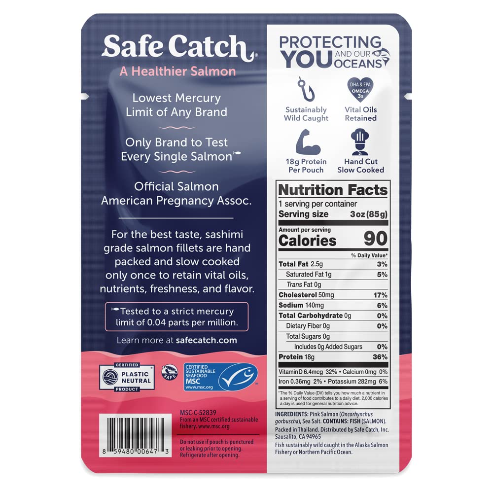 Safe Catch Wild Pacific Pink Salmon Pouch, Skinless Boneless, Mercury Tested, Kosher, 12-Pack, 3oz Packets