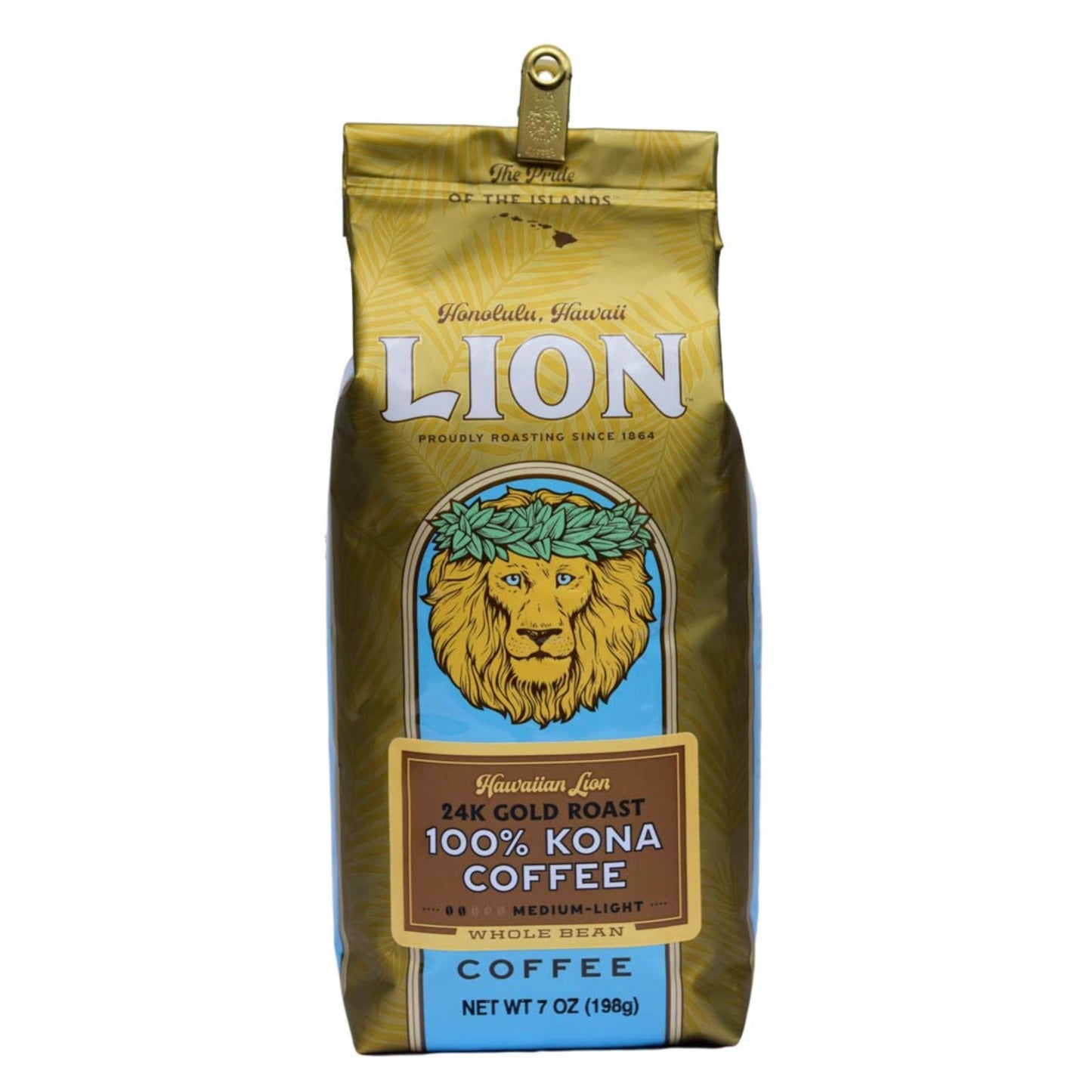 Lion Coffee 24K Gold Roast 100% Kona Whole Bean Coffee, Medium-Light Roast, 7 Ounce Bag