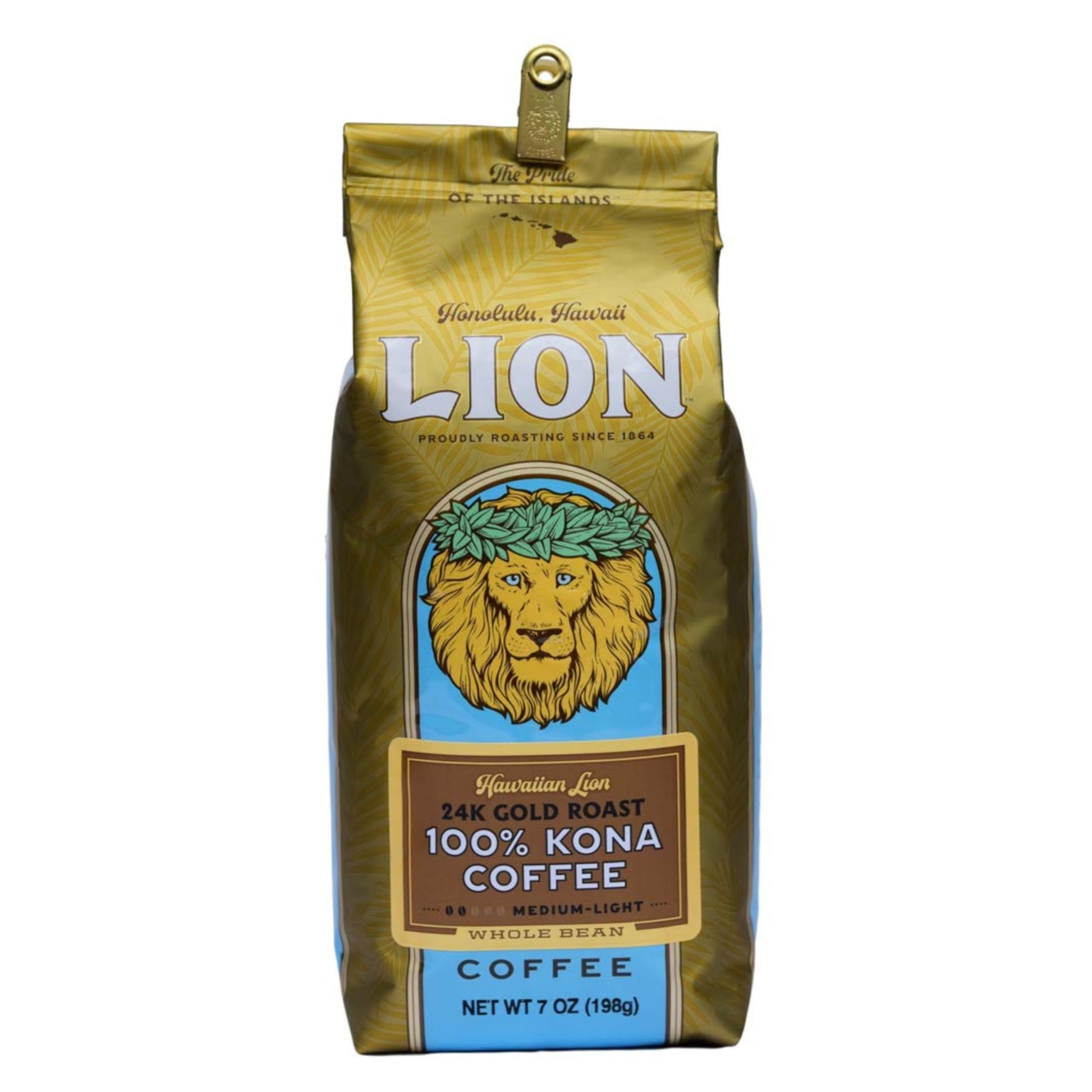 Lion Coffee 24K Gold Roast 100% Kona Whole Bean Coffee, Medium-Light Roast, 7 Ounce Bag
