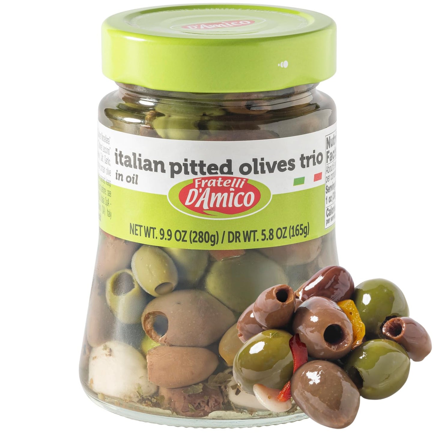 FRATELLI DAMICO Italian Olives Mix, Pitted with Garlic & Peppers, 9.9 oz, Gourmet Mediterranean Trio in Oil