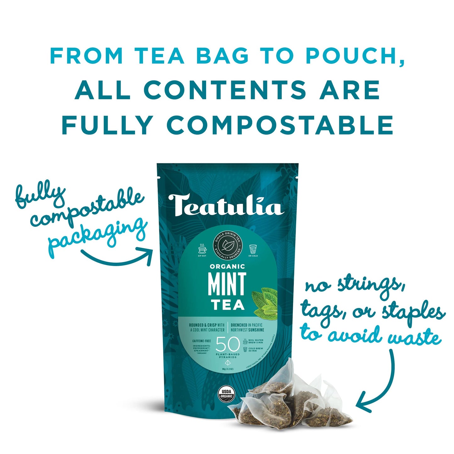 Teatulia Organic Mint Tea Bags, Herbal Caffeine-Free Blend, 50 Pyramid Sachets, Sustainably Grown Spearmint + Peppermint