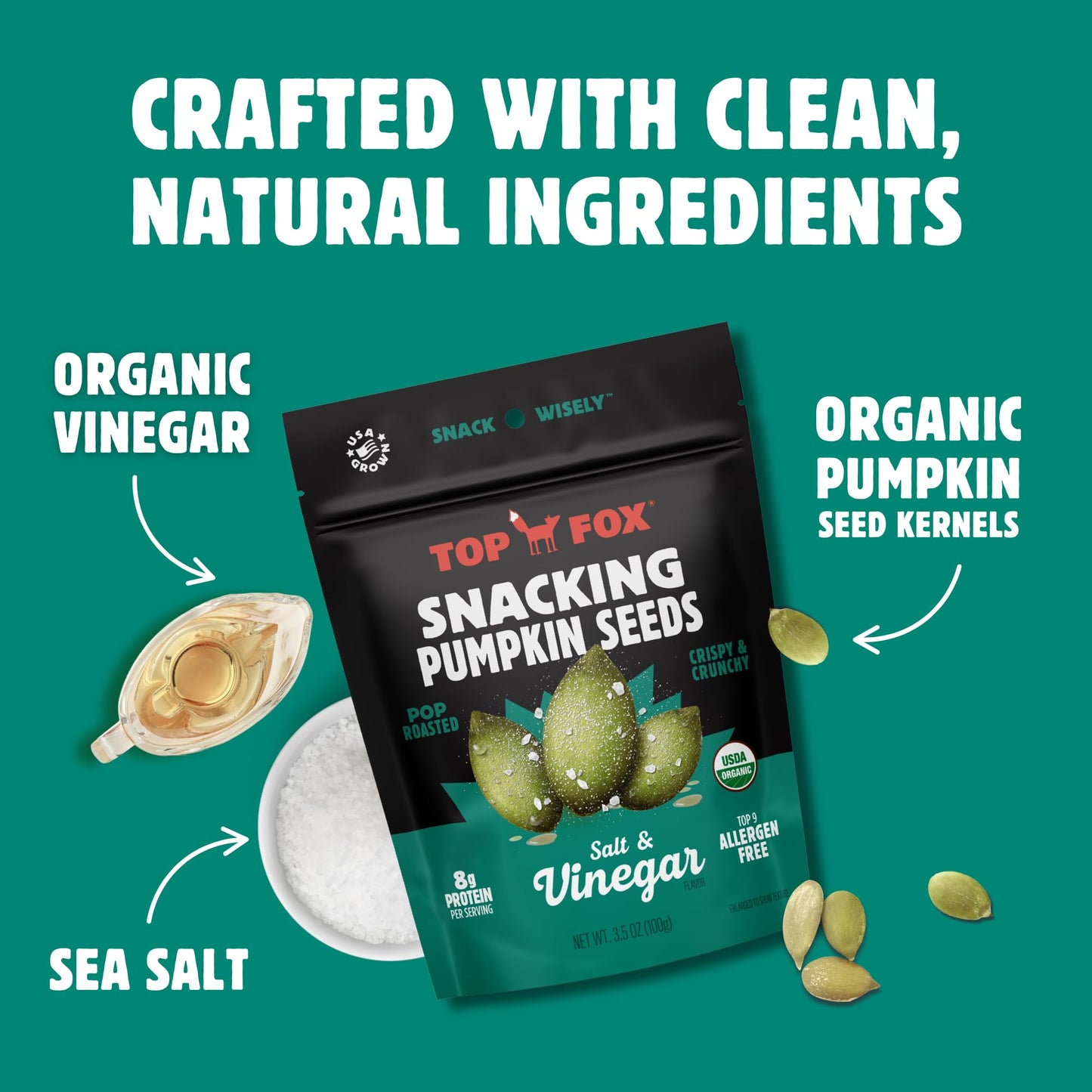 TOP FOX Organic Pop-Roasted Pumpkin Seeds, Salt & Vinegar, 3.5 oz (6 Pack), Gluten Free, Keto & Vegan Friendly Snacks