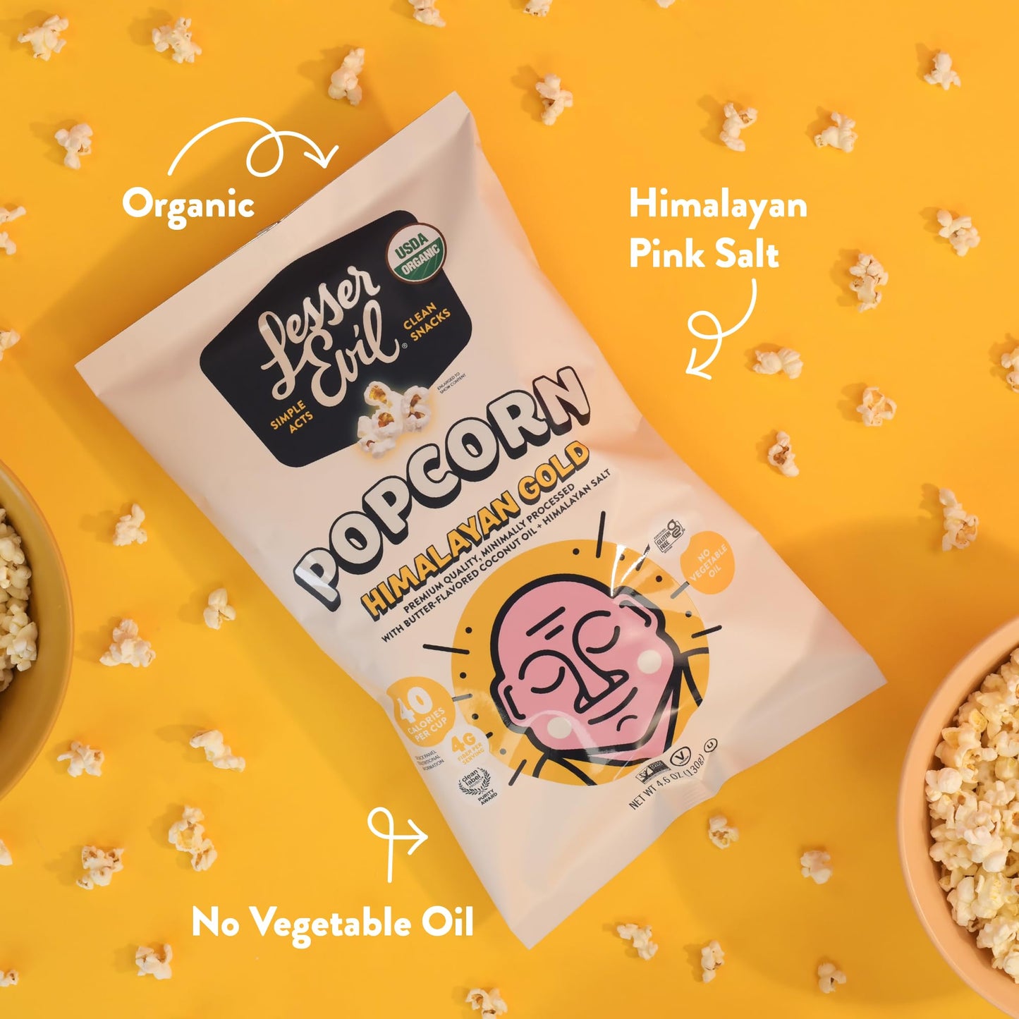Lesserevil Himalayan Gold Organic Popcorn, 4.6 Oz (Pack of 3), Premium Quality, Minimally Processed, No Vegetable Oil