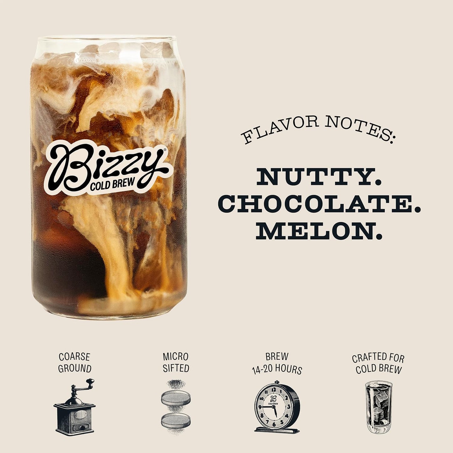 Bizzy Cold Brew Coffee Decaf Blend Coarse Ground 100% Arabica 16 Ounce White