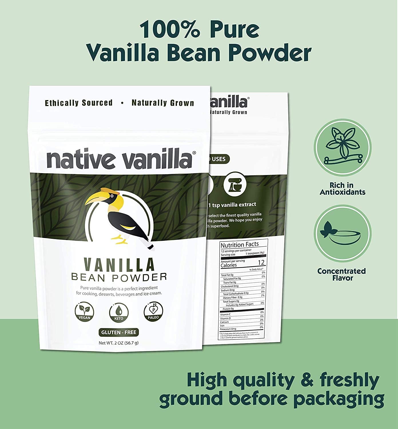 Native Vanilla Premium Gourmet Vanilla Powder 100% Pure Ground Bean 2 Ounce Pack