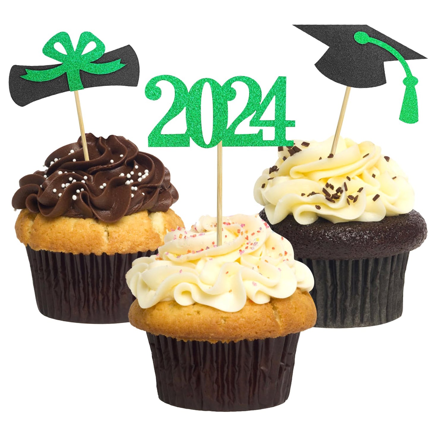 GOLF Graduation Cupcake Toppers 2024, 48 PCS, Green Paper Food Picks for Graduation Party Supplies