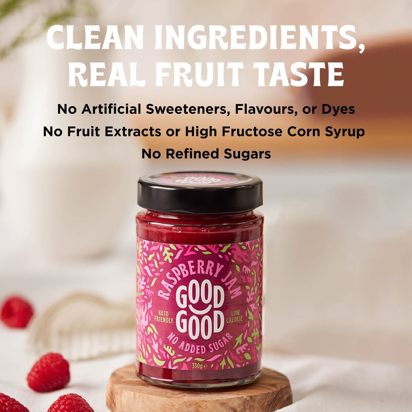 Good Good No Added Sugar Raspberry Jam - Keto Friendly Jelly - Low Carb, Low-Calorie And Vegan - Diabetic Friendly - 12Oz / 330G (Pack Of 2)