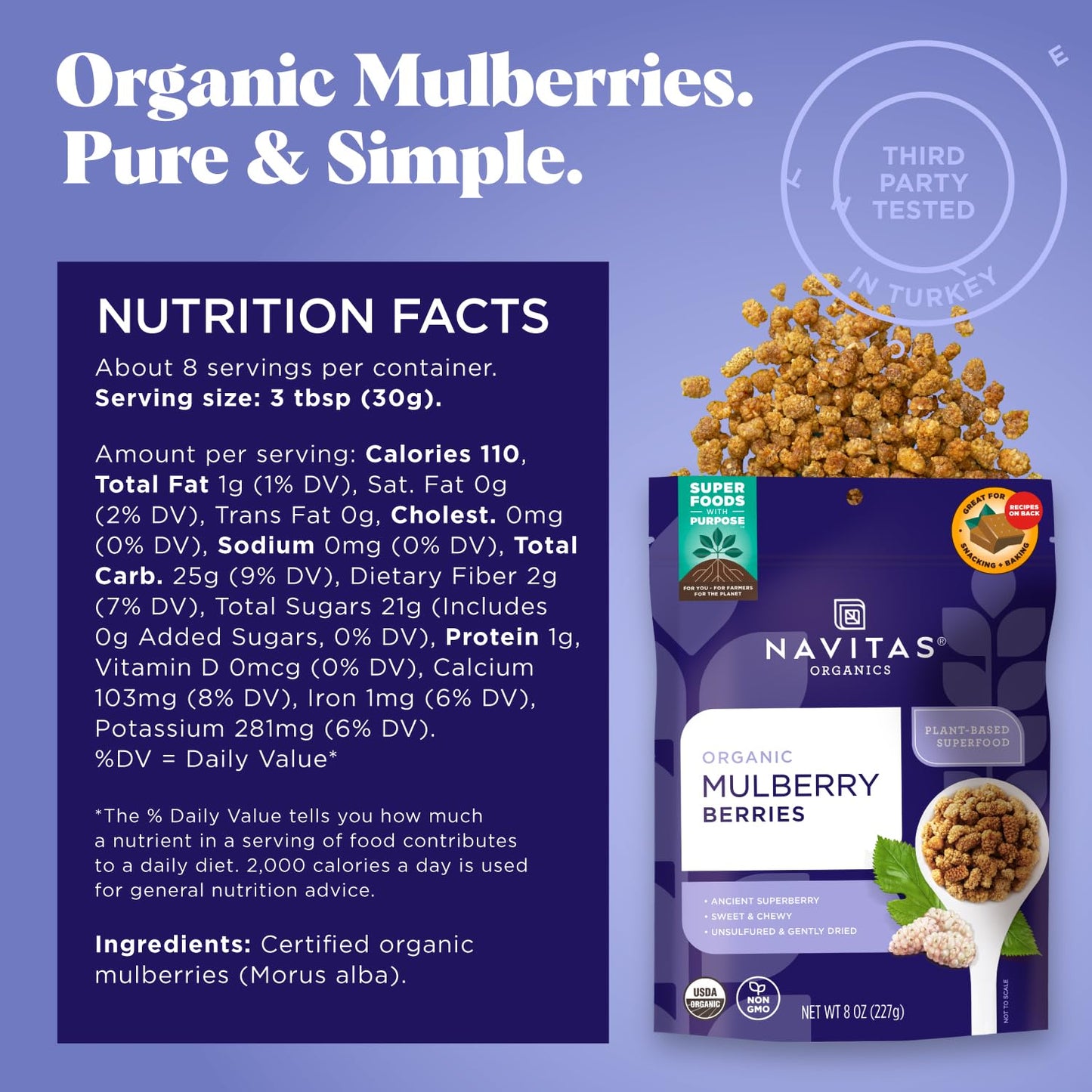 Navitas Organics Mulberries 8 oz. Bag 8 Servings - Organic Non-gMO Sun-Dried gluten-Free Sulfite-Free (Pack of 1)