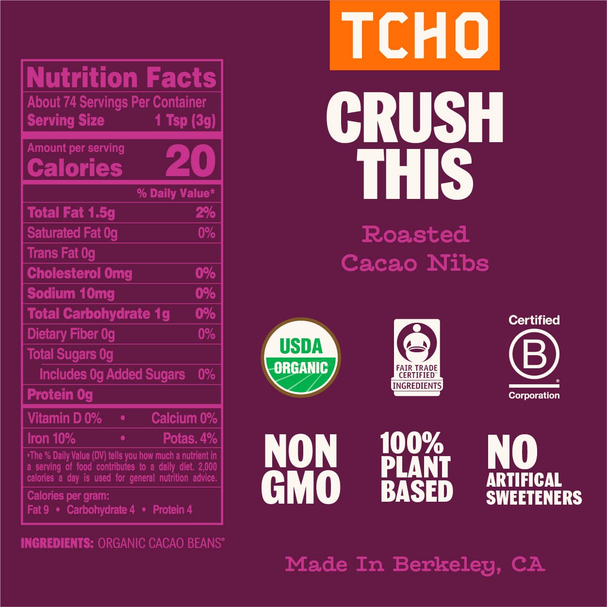 Tcho Cacao Nibs Organic Unsweetened (3 Pack) - Roasted, 100% Plant Based, Vegan Friendly, Non-Gmo, Single-Origin, Non-Dairy, Fai
