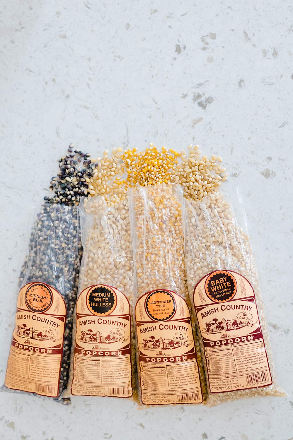 Amish Country Popcorn | 4-1 Lb Bags | Variety Pack | 1 Lb Baby White -1 Lb Medium White - 1 Lb Ladyfinger And 1 Lb Midnight Blue