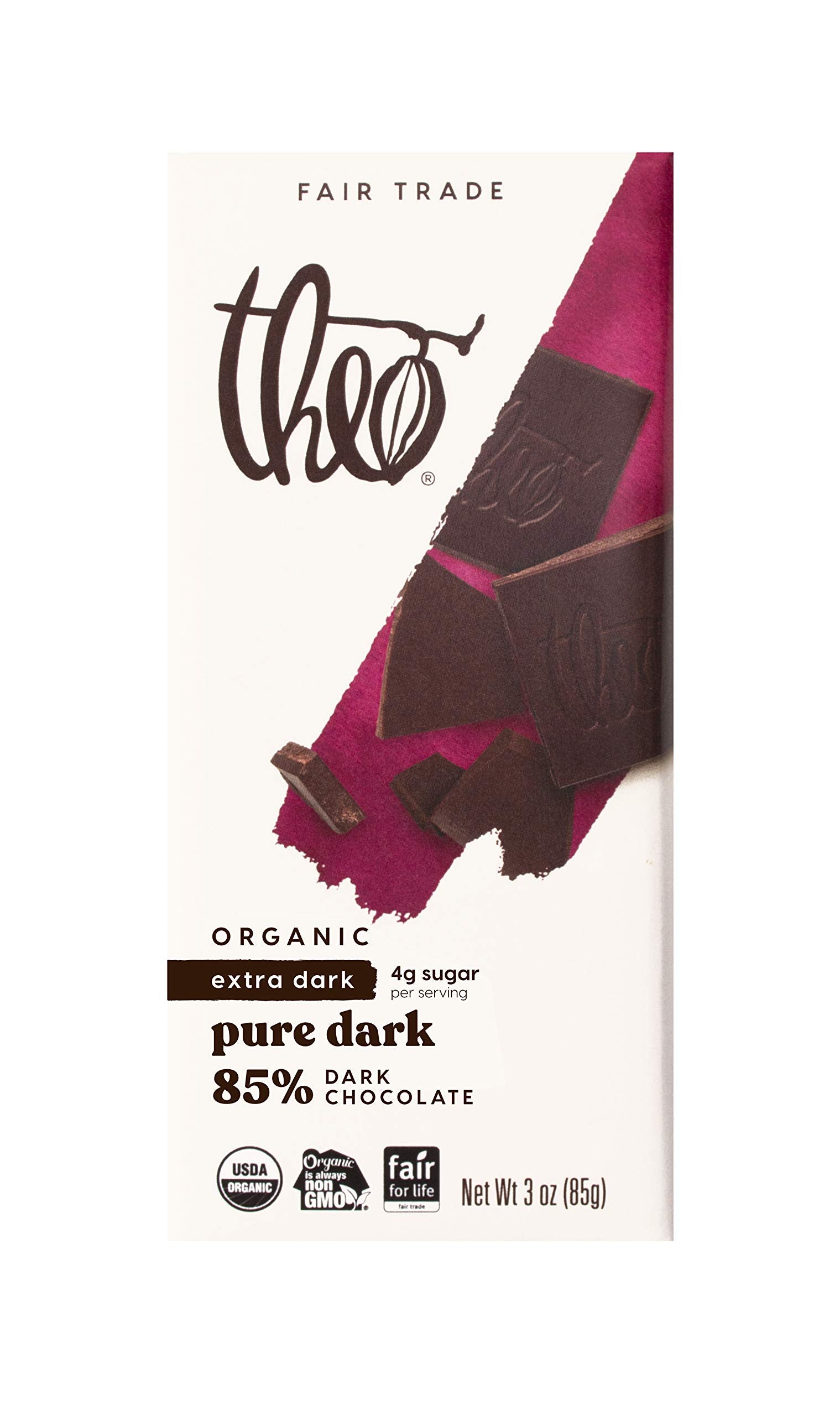 Theo Chocolate Pure Organic Dark Chocolate Bar 85% Cacao, 6 Pack | Vegan, Fair Trade