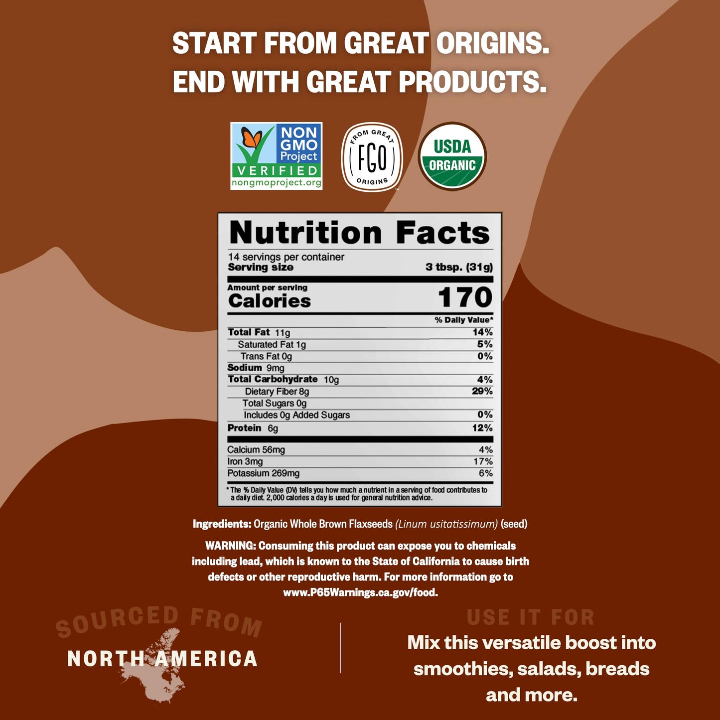 FGO Organic Whole Brown Flax Seeds, Sproutable, 32 oz Resealable Bag, Grown in USA, Non-GMO