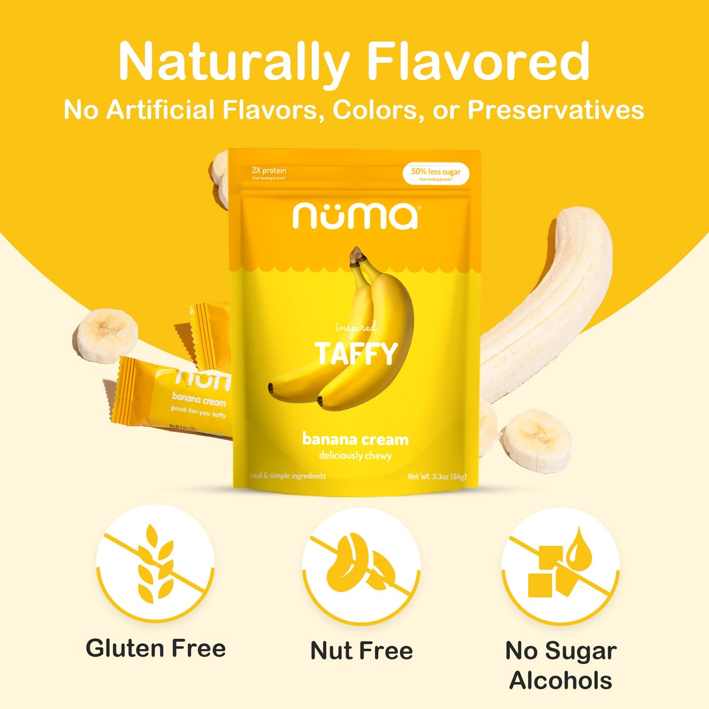 Numa Foods Banana Taffy Candy, Made With Real & Simple Ingredients: Low Sugar, High Protein, Low Calorie, All Natural & Gluten F