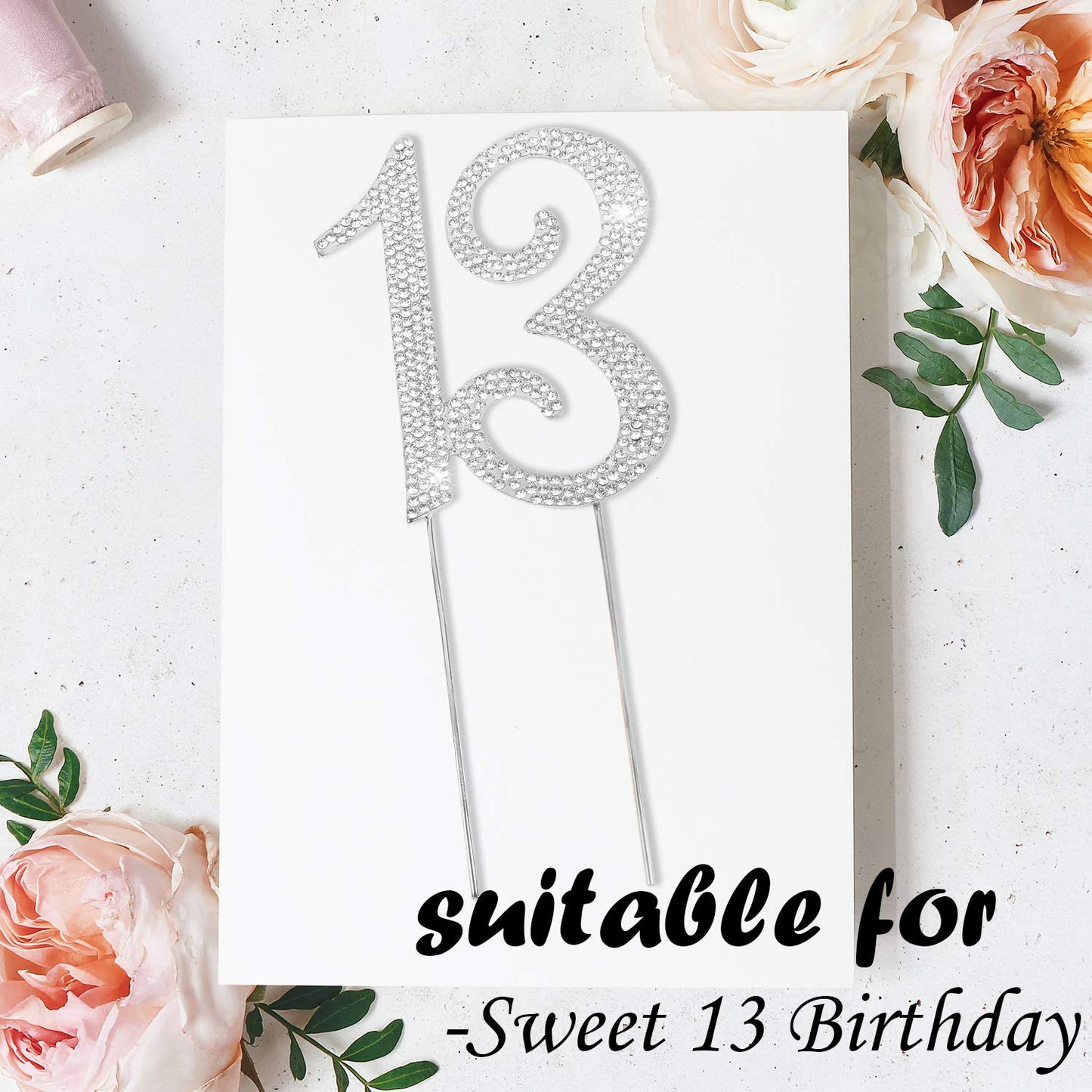 Hatcher Lee Bling Crystal Rhinestone 13 Birthday Cake Topper - Best Keepsake | 13Th Party Decorations Silver