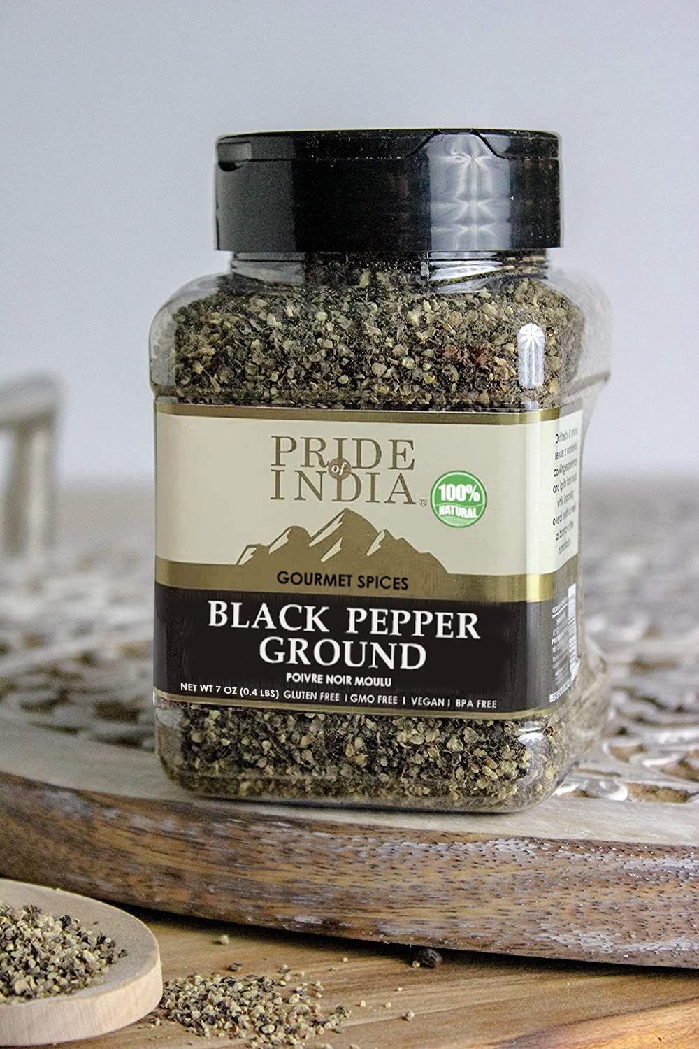Pride Of India Black Pepper Ground - Pack of 6 - 7oz Medium Dual Sifter Jar - Fresh & Preservatives Free