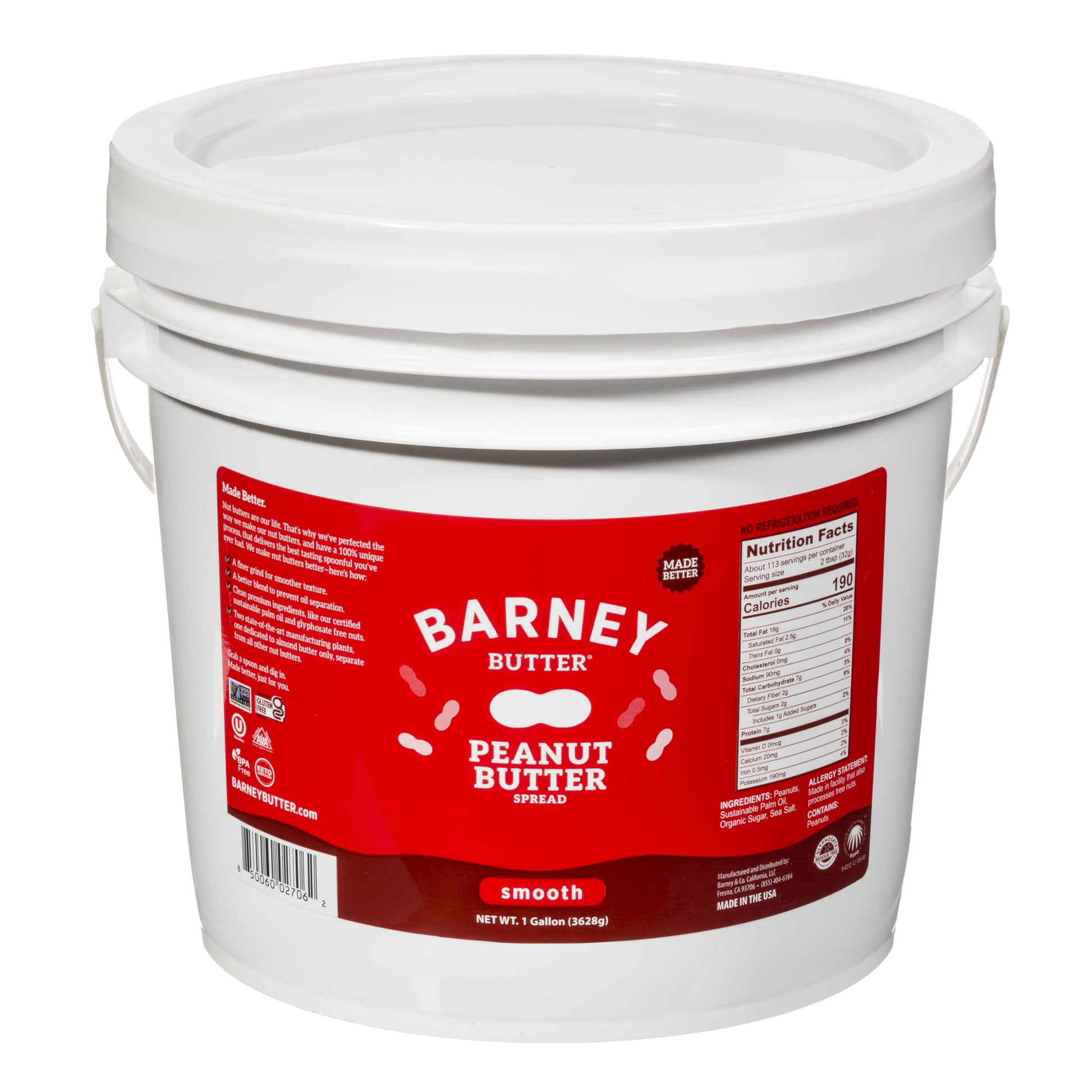 Barney Butter Peanut Butter, Smooth, 1 Gallon, Natural, No Stir, Non-GMO, Gluten Free, Keto, Vegan