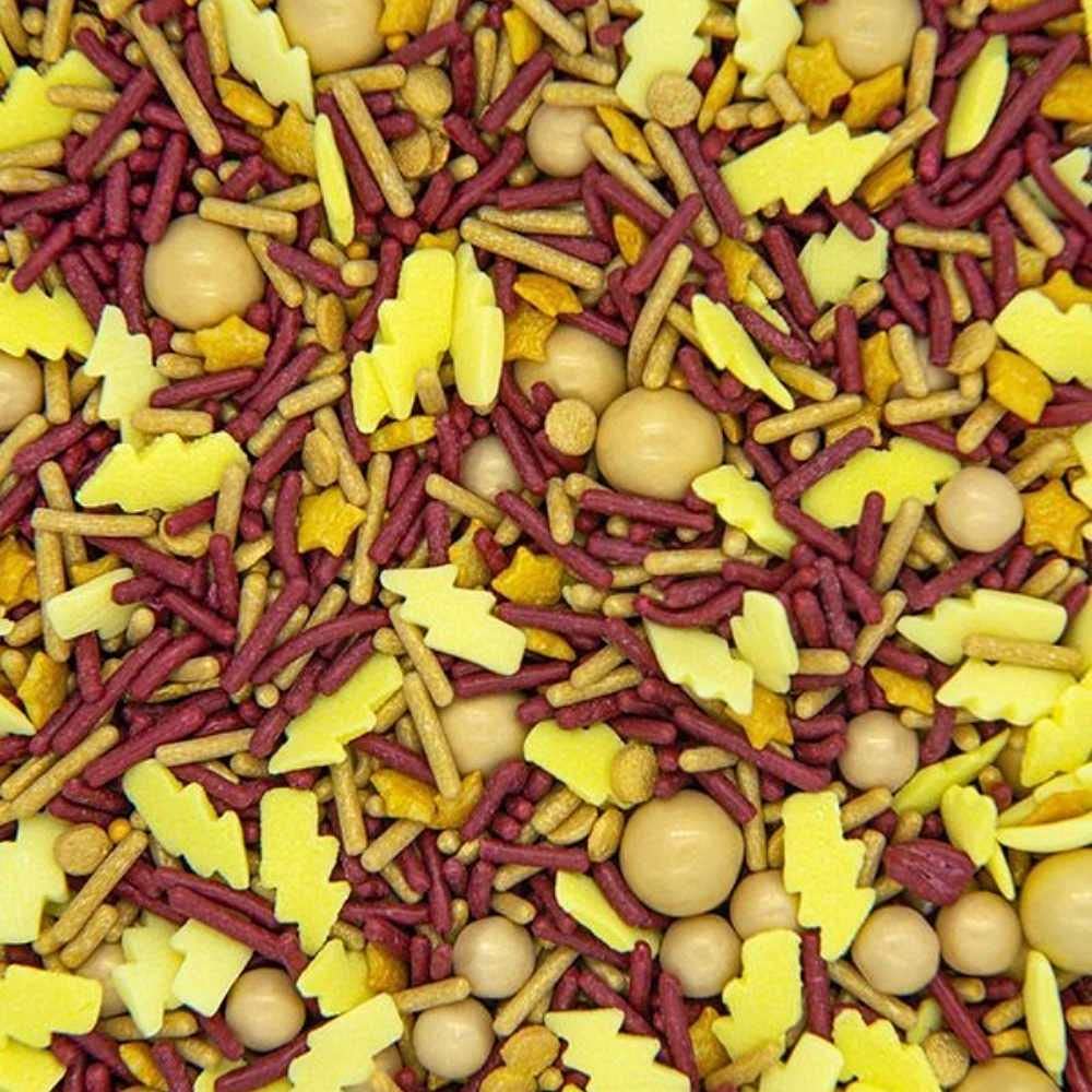 Harry Potter Cake Decorations With Wizard Lightning Sprinkles, Maroon And Gold Jimmies, Nonpareils, Sugar Pearls, Lightning Bolt