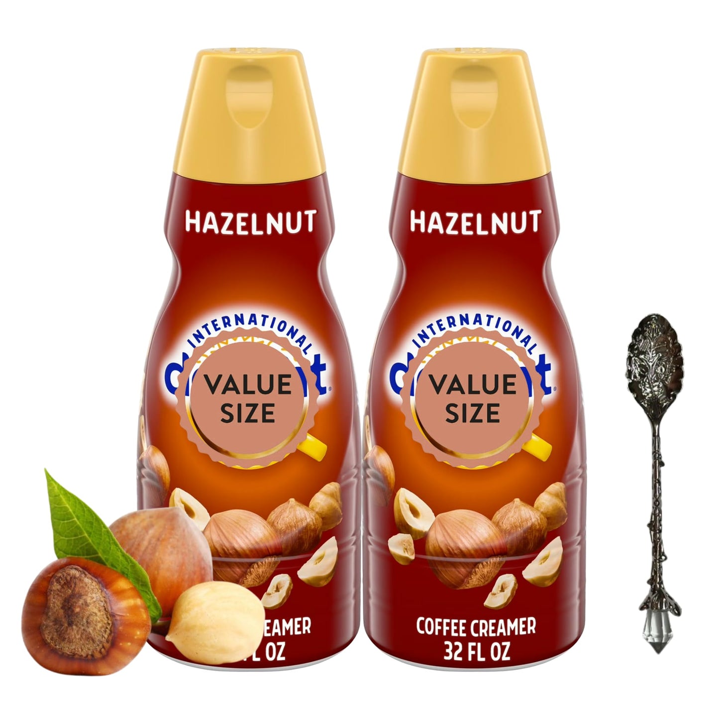 Hazelnut Liquid Coffee Creamer.- Two (2) 32 fl oz Bottles of Creamy Smooth Delightful Coffee Creamer and Candy Freezer Gem Spoon