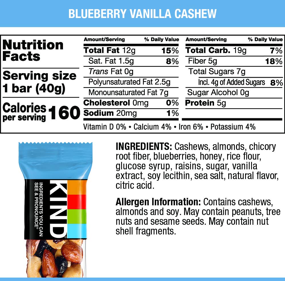 KIND Healthy Snack Bar, Blueberry Vanilla Cashew, 5g Protein, Gluten Free, 60 Count