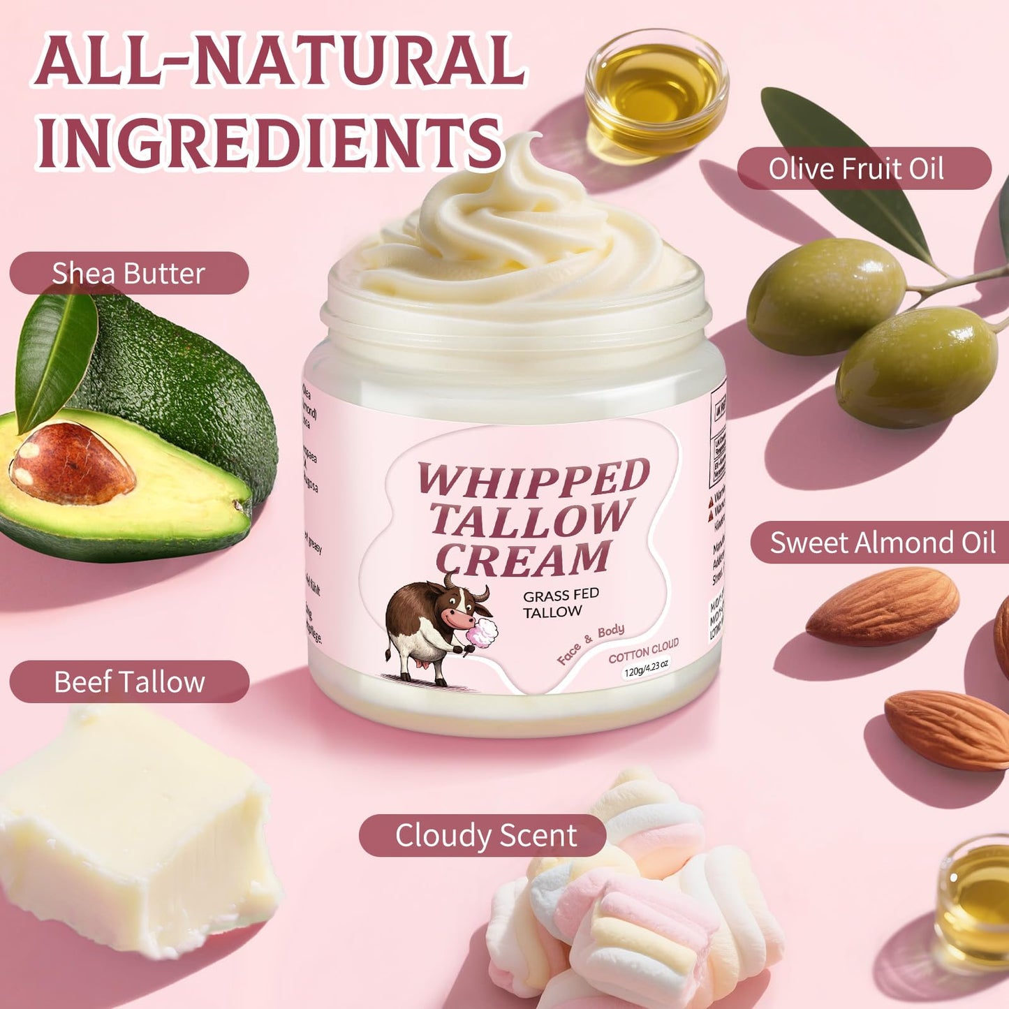 JUANCHI 100% Grass Fed Beef Tallow Moisturizer, 4.2oz Organic Whipped Cream for Face & Body, Natural for Dry & Sensitive Skin