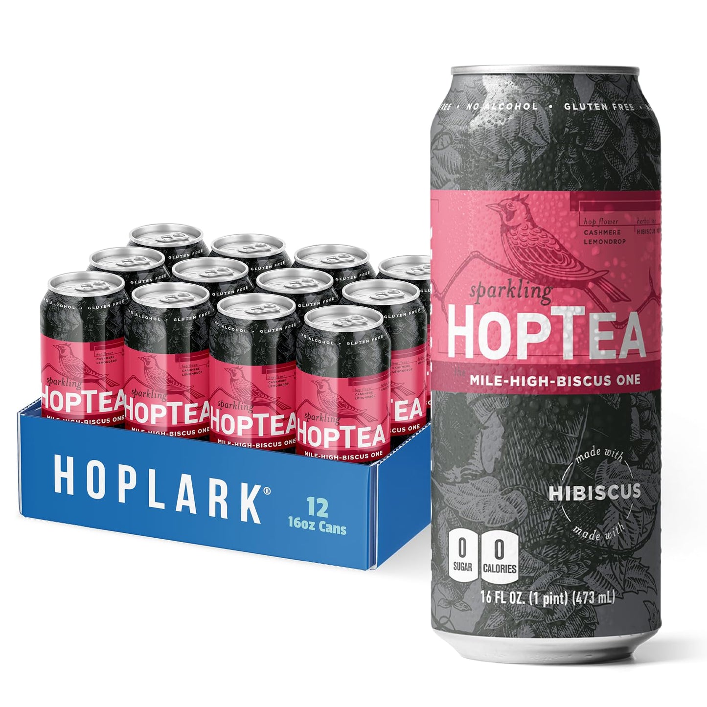 Hoplark Sparkling Hoptea - Hibiscus Tea With Lemondrop And Cashmere Hops - Tart Botanical Sparkling Tea - Zero Calorie - Energy Blend Free - 12 Pack 16Oz Cans - The Mile High Biscus One