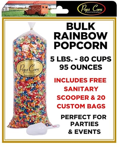 Rainbow Popcorn-Pops Corn - Gourmet Popcorn Bulk/Wholesale Popcorn - 5 Gal-80 Cups-95 Oz-Free Sanitary Scooper & 20 Gift Bags In