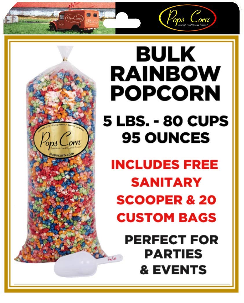 Rainbow Popcorn-Pops Corn - Gourmet Popcorn Bulk/Wholesale Popcorn - 5 Gal-80 Cups-95 Oz-Free Sanitary Scooper & 20 Gift Bags In
