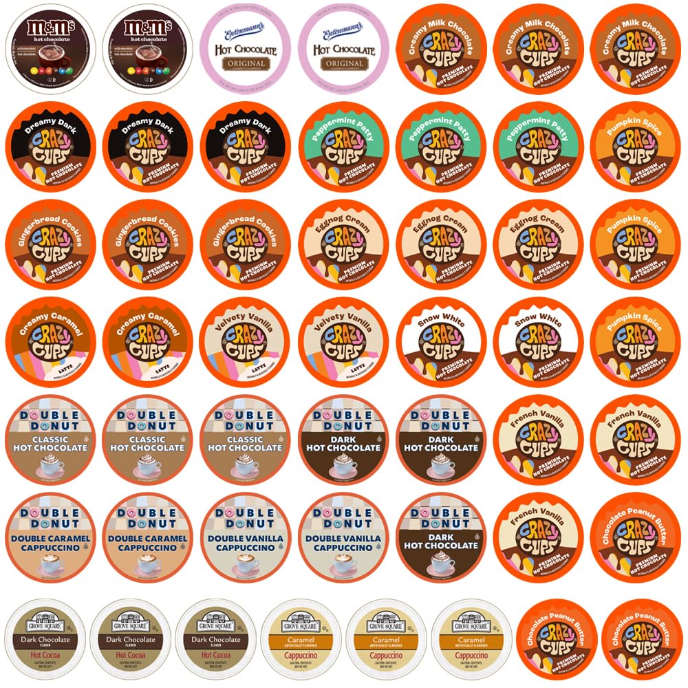 Crazy Cups Hot Chocolate and Cappuccino Variety Pack, 50 Count Single Serve Cups for Keurig K Cup Brewers, Brown