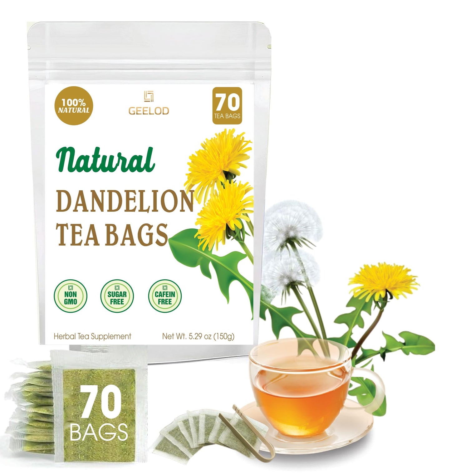 GEELOD Organic Dandelion Root Tea Bags, 70 Count, Non-GMO, Caffeine-Free, Vegan, Eco-Conscious