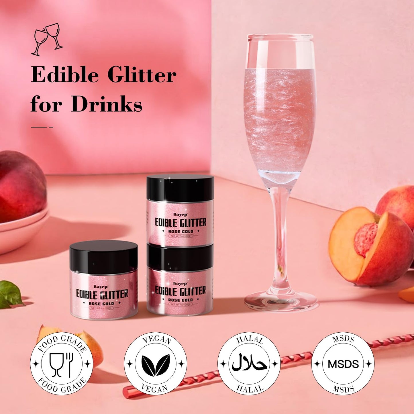 bayep Rose Gold Edible Glitter for Cocktails and Cakes, 30g Luster Dust for Parties and Holidays